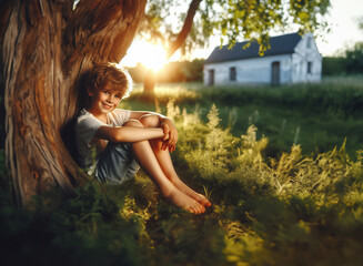 Junge Heranwachsender sitzt barfuß lächelnd allein in alten Garten an Baum Abendlicht der goldenen Stunde Teenager Gefühle freudig Spaß träumend Rückzug emotional Erholung glücklich geerdet verliebt - obrazy, fototapety, plakaty