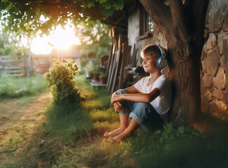 Junge Heranwachsender sitzt barfuß zufrieden lächelnd allein an Baum Abendlicht der goldenen Stunde Teenager hört Musik Gefühle freudig Spaß träumend Rückzug emotional Erholung glücklich geerdet 