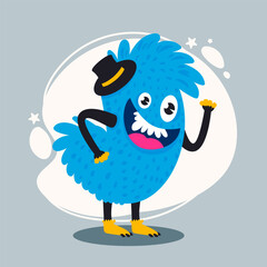 Hand drawn adorable and funny monster on flat colorful background isolated for versatile use in print, Halloween, t-shirt, birthday celebrations, party decorations.