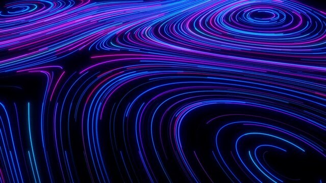 Abstract colorful background with light curved stripes and particle flows, bright neon rays and glowing curved lines, glowing paths. High speed lines. 3D animation.