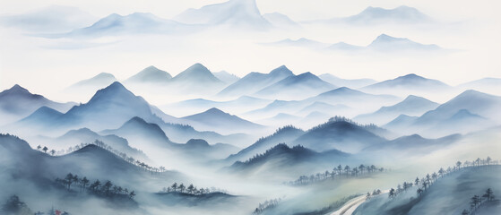Beautiful watercolor painting of traditional Chinese hill scenery landscape. - 764670972