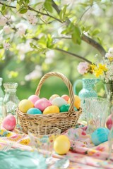 Fototapeta na wymiar Easter eggs basket on a garden party table. Vibrant colored Easter eggs in a wicker basket with garden flowers and festive tableware