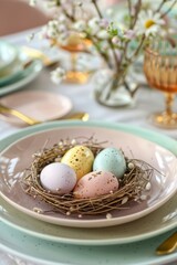 Fototapeta na wymiar EElegant Easter table setting with pastel eggs. An elegant Easter table setting with a nest of pastel eggs surrounded by coordinating tableware and spring flora