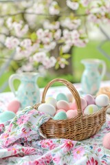 Fototapeta na wymiar Basket of Easter eggs on a floral tablecloth. A wicker basket filled with varied pastel Easter eggs on a vibrant, floral-patterned tablecloth and spring ambiance