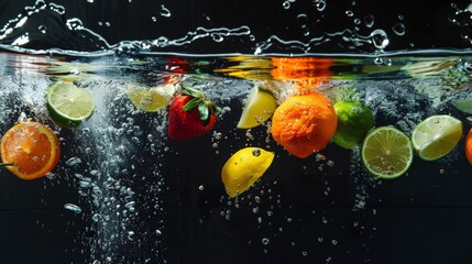 Splashing fruit on water. Fresh Fruit and Vegetables being shot as they submerged under water. - obrazy, fototapety, plakaty