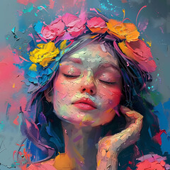 Vibrant Portrait of a Woman with Floral Crown and Color Splashes