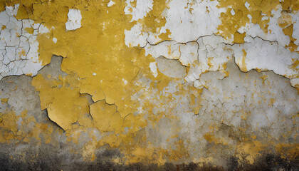 Old wall with cracked paint. Rough texture. Peeling yellow white paint.
