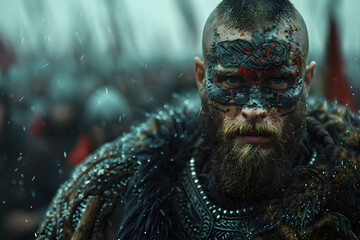 Epic Viking Warrior Ready for Battle in Dramatic War Scene - obrazy, fototapety, plakaty