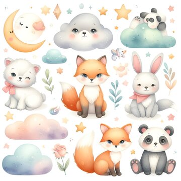Cute baby animals in seamless pattern, watercolor style, illustration