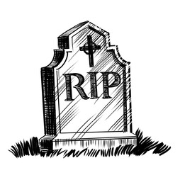 Tomb stone with RIP letters. Hand drawn retro styled black and white drawing - 764672311