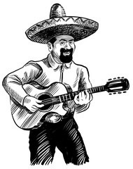 Mexican musician playing guitar. Hand drawn retro styled black and white drawing
