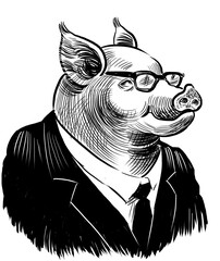Pig in suit and glasses. Hand drawn retro styled black and white drawing
