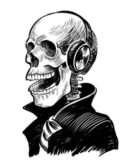 Human skeleton in leather jacket and headphones, listening to the music. Hand drawn retro styled black and white drawing