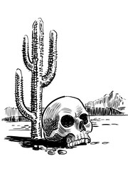 Skull and cactus in Mexican desert. Hand drawn retro styled black and white drawing - 764672321