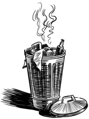 Full trash can. Hand drawn retro styled black and white drawing