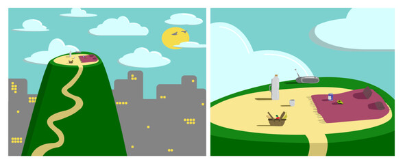 Let's go on a picnic. Outside the city, on a high hill, on the lawn we got: radio, thermos with a cup, basket with food, blanket with two pillows, soda can and avocado. Flat vector illustration.