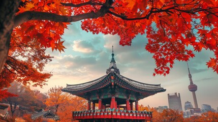 Namsan Tower and pavilion during the autumn leaves in Seoul, South Korea. - obrazy, fototapety, plakaty