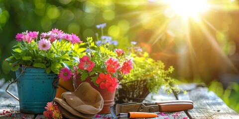 Colorful flower pots in sunlight, complete with gardening tools