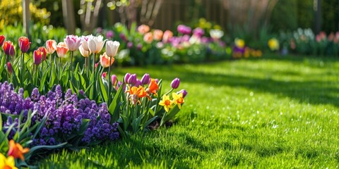 Beautiful well-kept spring garden. The green lawn emphasizes the full bloom of flowers in the mix border. Diverse floral spectrum of tulips, daffodils, hyacinths