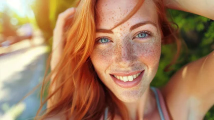 Foto op Plexiglas portrait of a beautiful young girl exuding charisma with natural freckles and vibrant red long hair © Vero