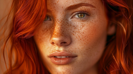 portrait of a beautiful young girl exuding charisma with natural freckles and vibrant red long hair