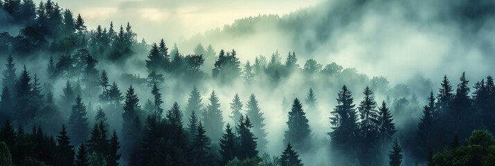 Black forest with thick fog. Treetops in the clouds. Mystical dark nature background.