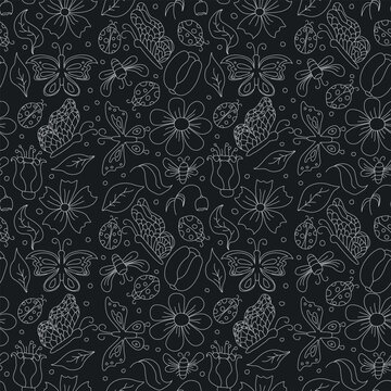 Spring floral pattern with butterflies, bees and ladybugs. Seamless flowers background