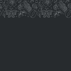 Spring floral frame with butterflies, bees and ladybugs. Seamless flowers background