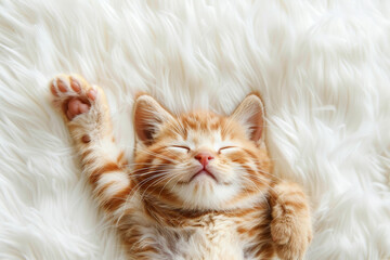 Top View of Adorable Ginger Kitten Sleeping on White Bed