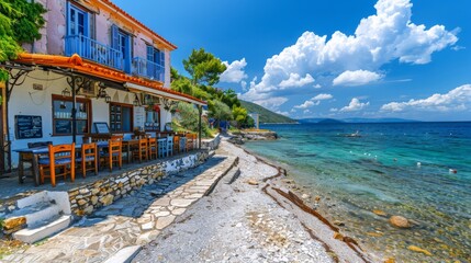 Fototapeta na wymiar Samos island, Greece. Beautiful beach and tavern in scenic Kokkari village. popular tourist destination for summer holidays
