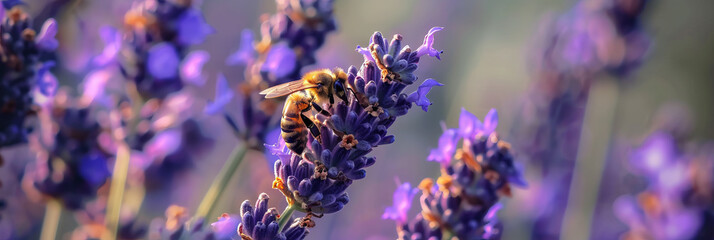 Bees pollinate flowers. Bees collect nectar. Bee flying around flowers. Purple background. - obrazy, fototapety, plakaty