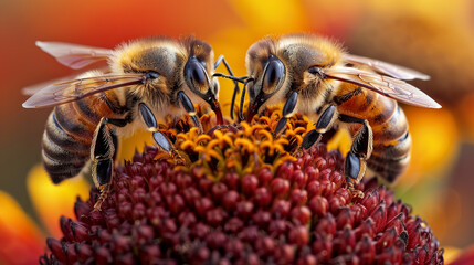 Bees pollinate flowers. Bees collect nectar. Bee flying around flowers. Yellow background. - obrazy, fototapety, plakaty