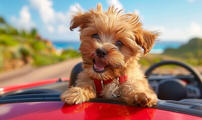 Cute dog goes on a trip by car with suitcases. Concept tourism, vacation. - obrazy, fototapety, plakaty