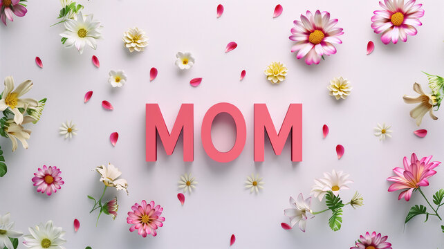 exquisite card for Mother's day with beautiful flowers and with the inscription "Mom", greeting card. Template for design, poster, invitation, greeting card,