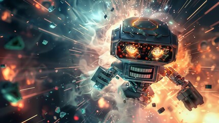 A fictional vision showing an abstract technological AI bot as a threat against human civilisation, communication is visible, abstract technological industry space background