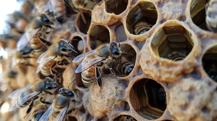 Close up of bees in honeycombs. The queen bee and bee workers around her. Bee colony life.