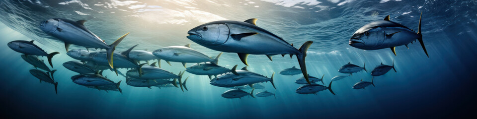 Wide angle view of a group of large tuna in the rays of the sun underwater in the ocean.