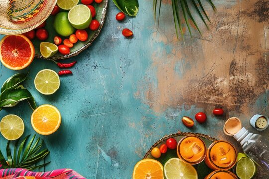 Cinco de Mayo holiday background with party sombrero hat, drinks and citrus. ai generated