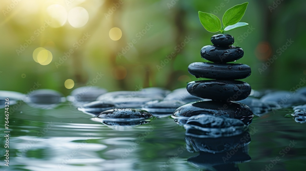 Wall mural stacked black zen stones with green leaves, reflection in water