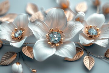 orchid flower on black, 3D wallpaper with white jewelry blossoms on a white background featuring a...