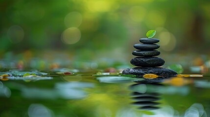 Stacked Black Zen Stones with Green Leaves, Reflection in Water