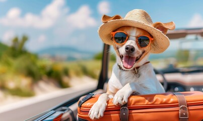 Cute dog goes on a trip by car with suitcases. Concept tourism, vacation. - obrazy, fototapety, plakaty