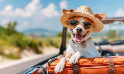 Tuinposter Cute dog goes on a trip by car with suitcases. Concept tourism, vacation. © KDdesignphoto