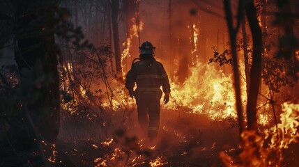 Burning Forest with Firefighter - obrazy, fototapety, plakaty
