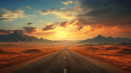 Road with mountains in the background and a sunset in the distance	