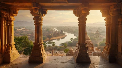 Foto op Canvas Stunning view at Sree Virupaksha Temple in Hampi on the banks of Tungabhadra River, UNESCO World Heritage Site, Karnataka, India. Indian tourism © peerawat