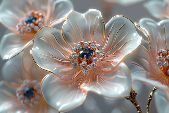 flower background, 3D wallpaper with white jewelry blossoms on a white background featuring a blue diamond. 
