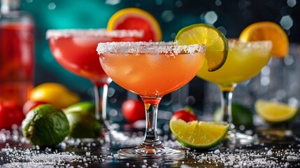 Vibrant Assorted Margaritas With Salted Rims, Citrus Garnishes, On A Dark Bar Counter With Bokeh Lights. Mexican Party, Bar and Restaurant Menus. AI Generated - obrazy, fototapety, plakaty
