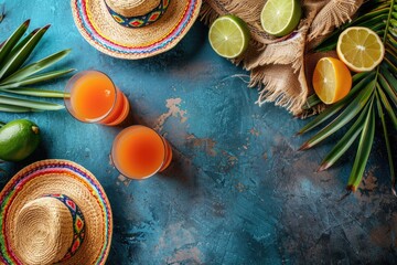 Cinco de Mayo holiday background with party sombrero hat, drinks and citrus. ai generated - obrazy, fototapety, plakaty