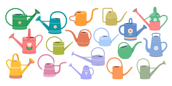 Large set of garden watering cans for watering indoor plants on balcony, terrace, farm of various shapes, sizes, designs, colors. Сute vector illustration on white isolated background in flat style.